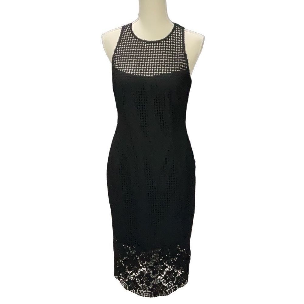 NWT White House Black Market Black Sheath Lined Dress Cut Outs Floral Hem Size 4